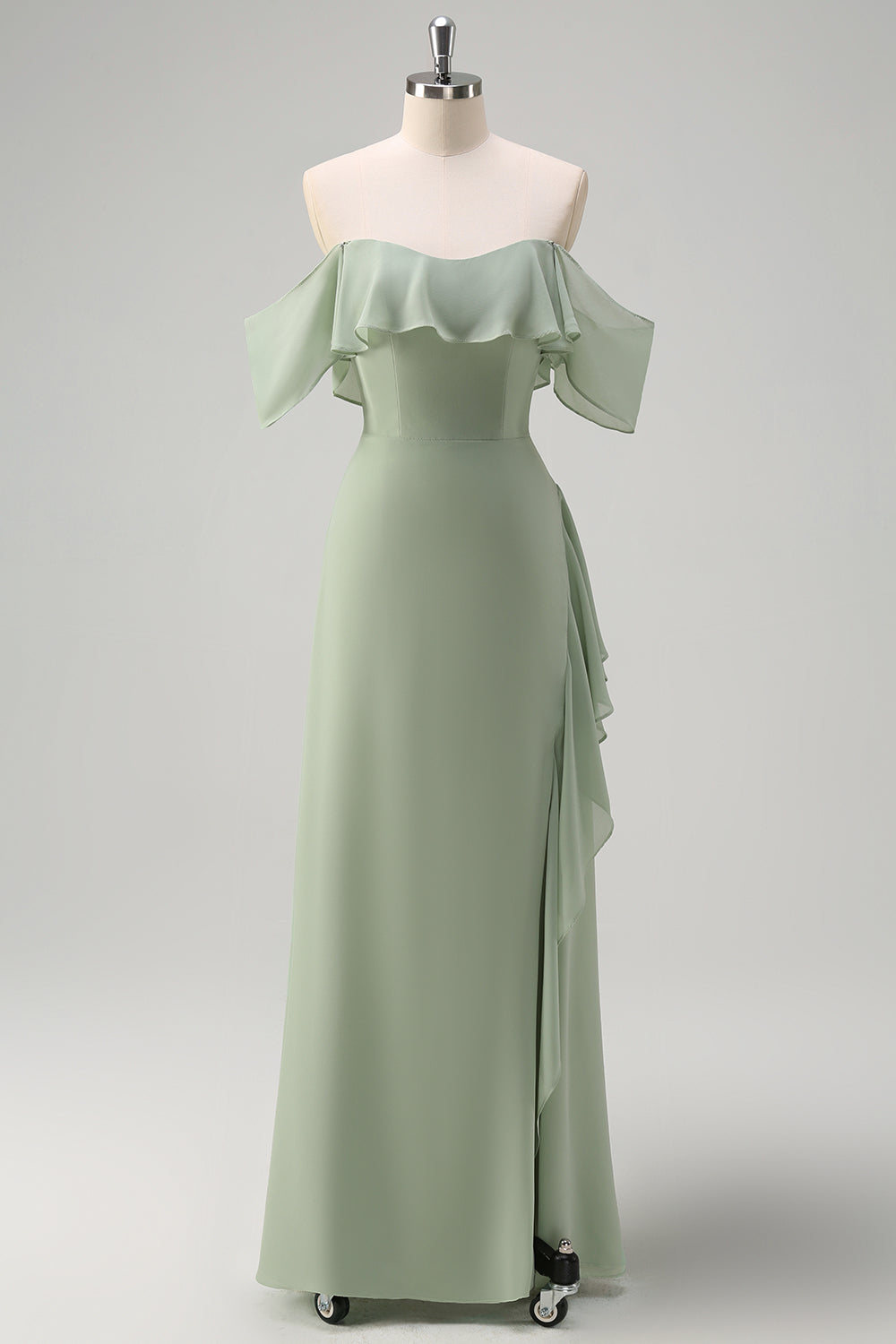 Light Green Off The Shoulder Chiffon Long Bridesmaid Dress