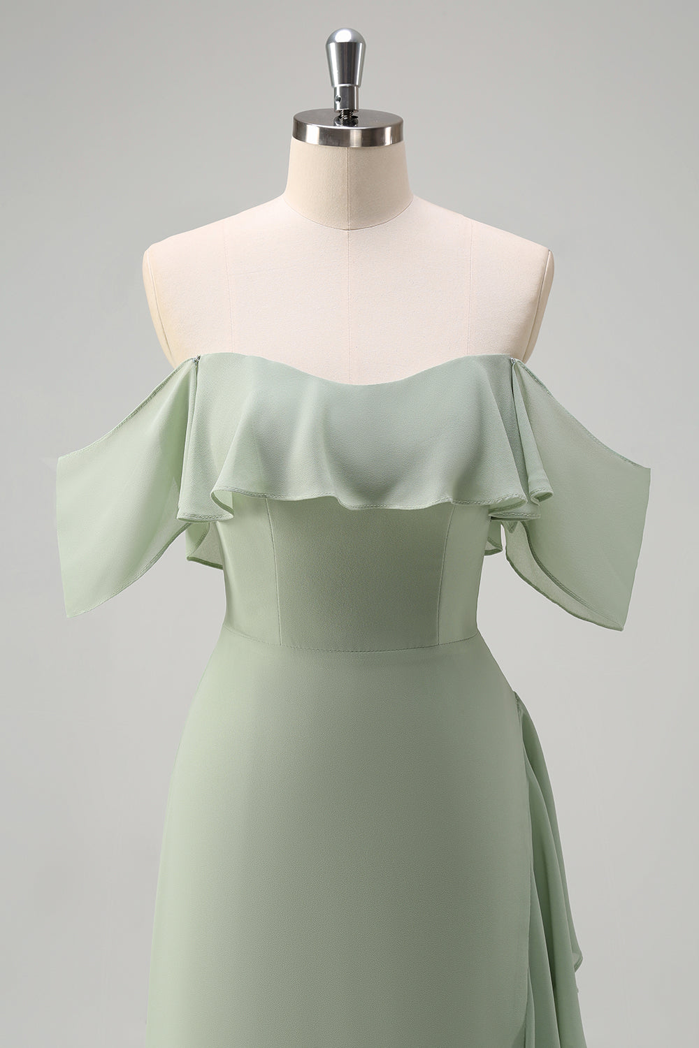 Light Green Off The Shoulder Chiffon Long Bridesmaid Dress