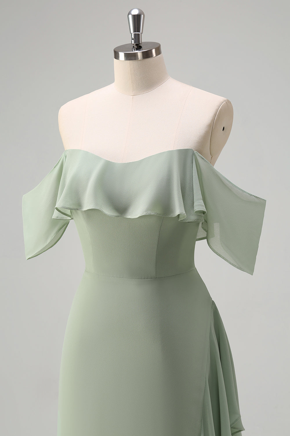 Light Green Off The Shoulder Chiffon Long Bridesmaid Dress