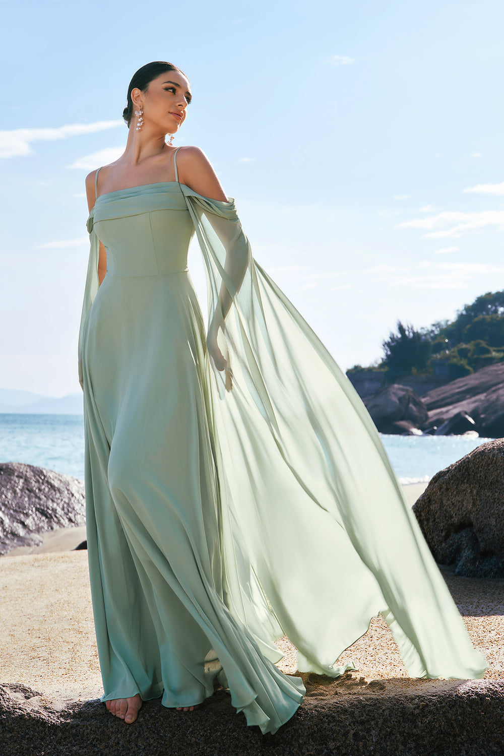 Light Green Cold Shoulder Detachable Sleeves Chiffon Bridesmaid Dress