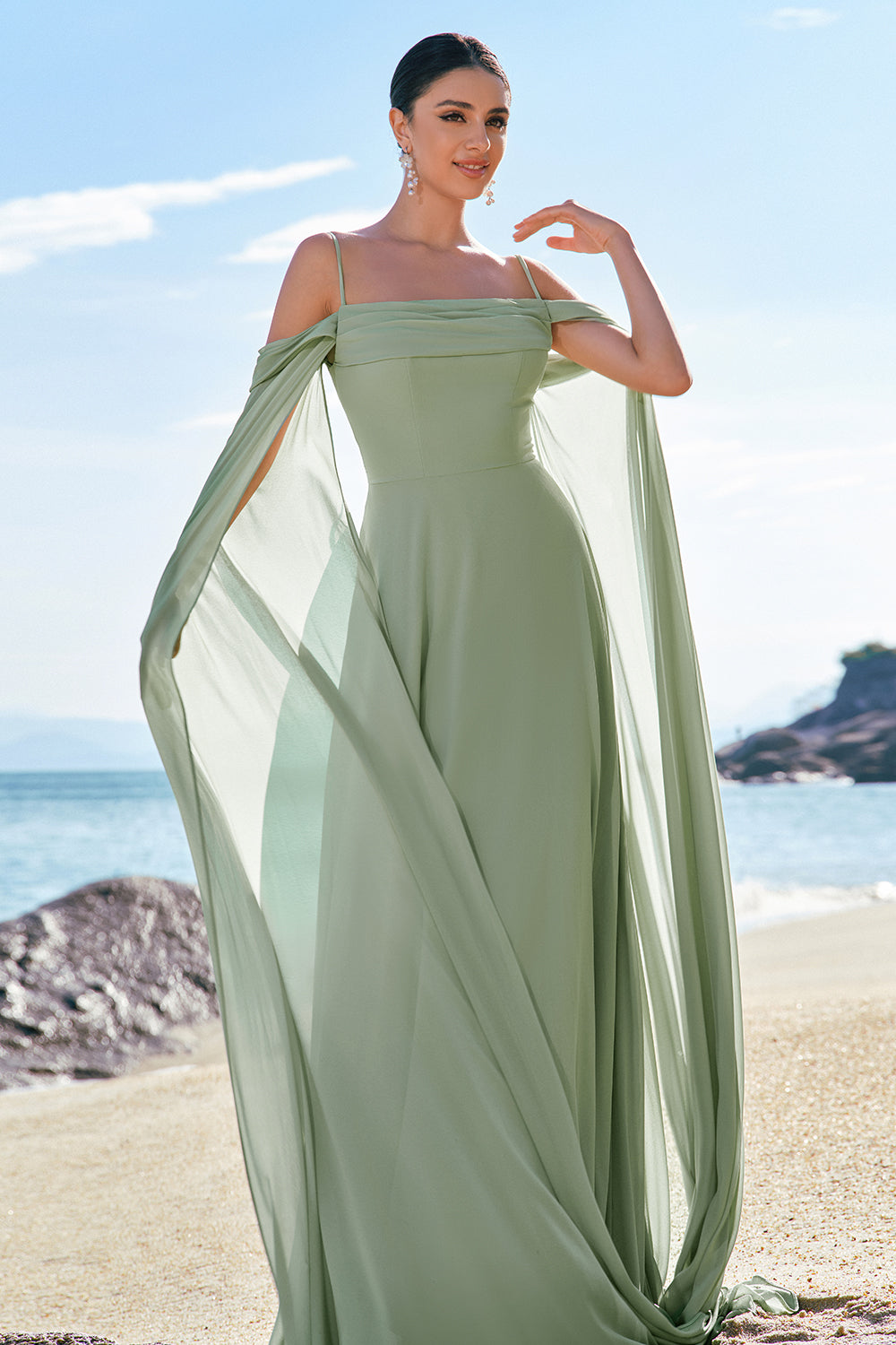 Light Green Cold Shoulder Detachable Sleeves Chiffon Bridesmaid Dress