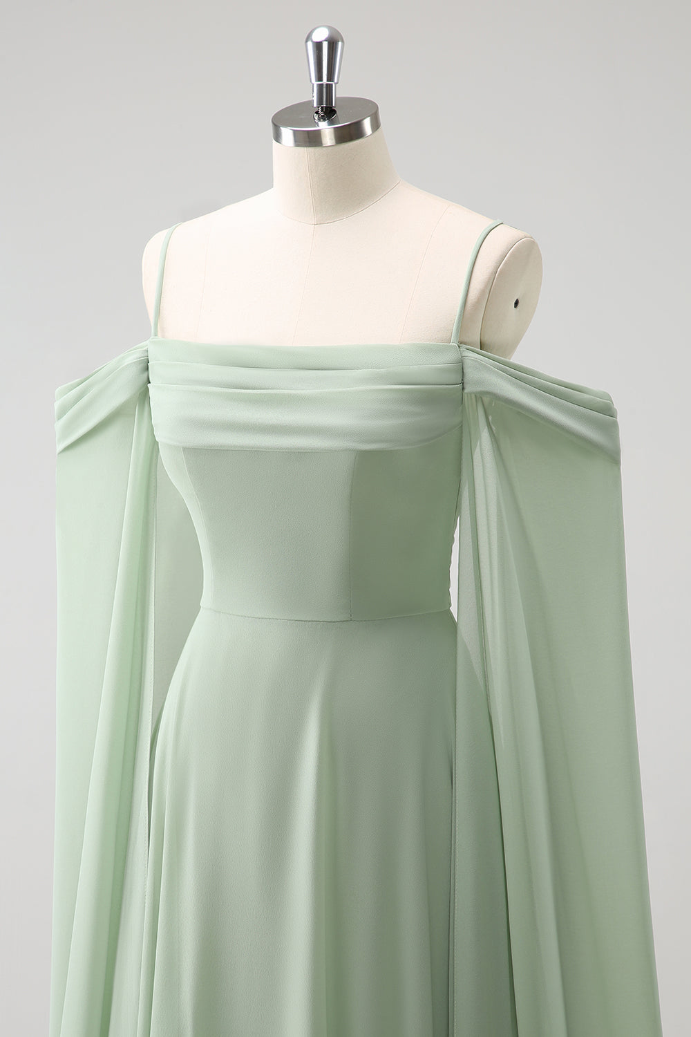 Light Green Cold Shoulder Detachable Sleeves A-Line Chiffon Long Bridesmaid Dress