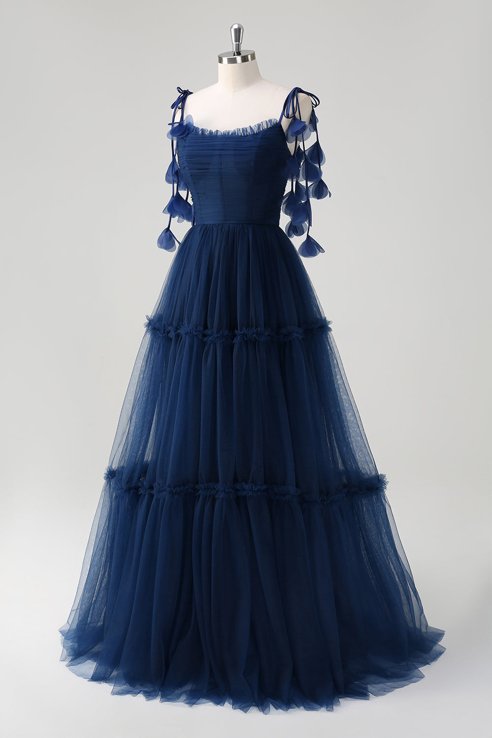 Navy Tie-Strap Tulle Corset Long Prom Dress