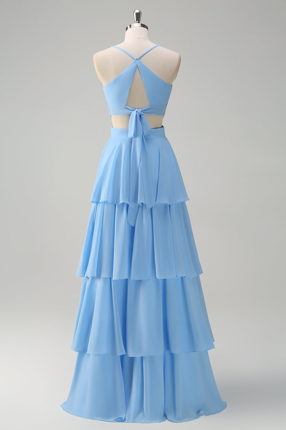 Sky Blue A-Line Spaghetti Straps Tiered Chiffon Bridesmaid Dress