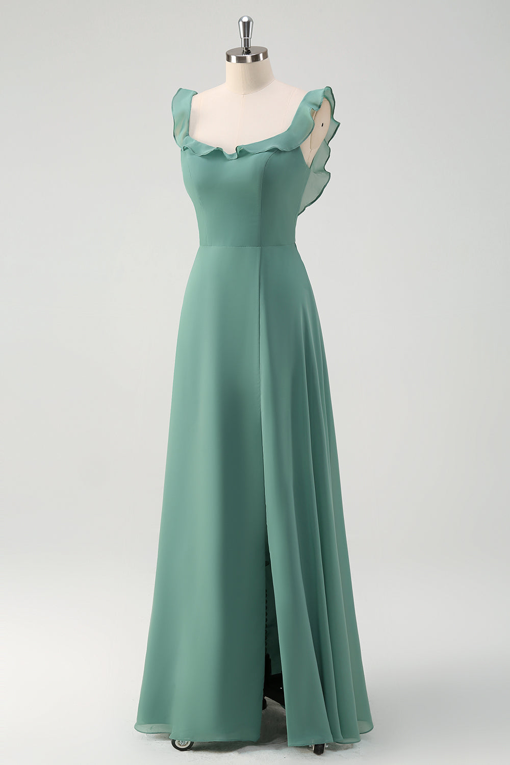 A-Line Eucalyptus Chiffon Long Bridesmaid Dress with Slit