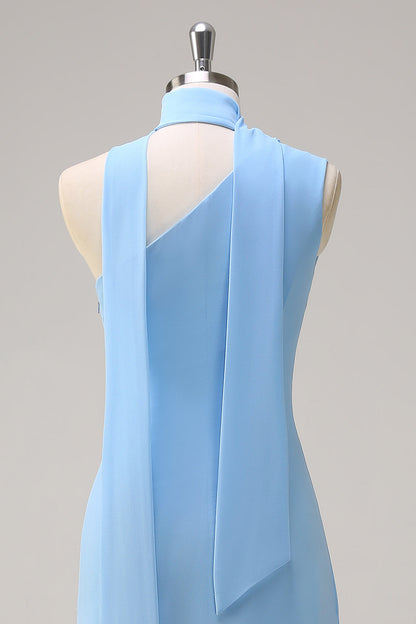 Blue Sheath One Shoulder Chiffon Long Bridesmaid Dress