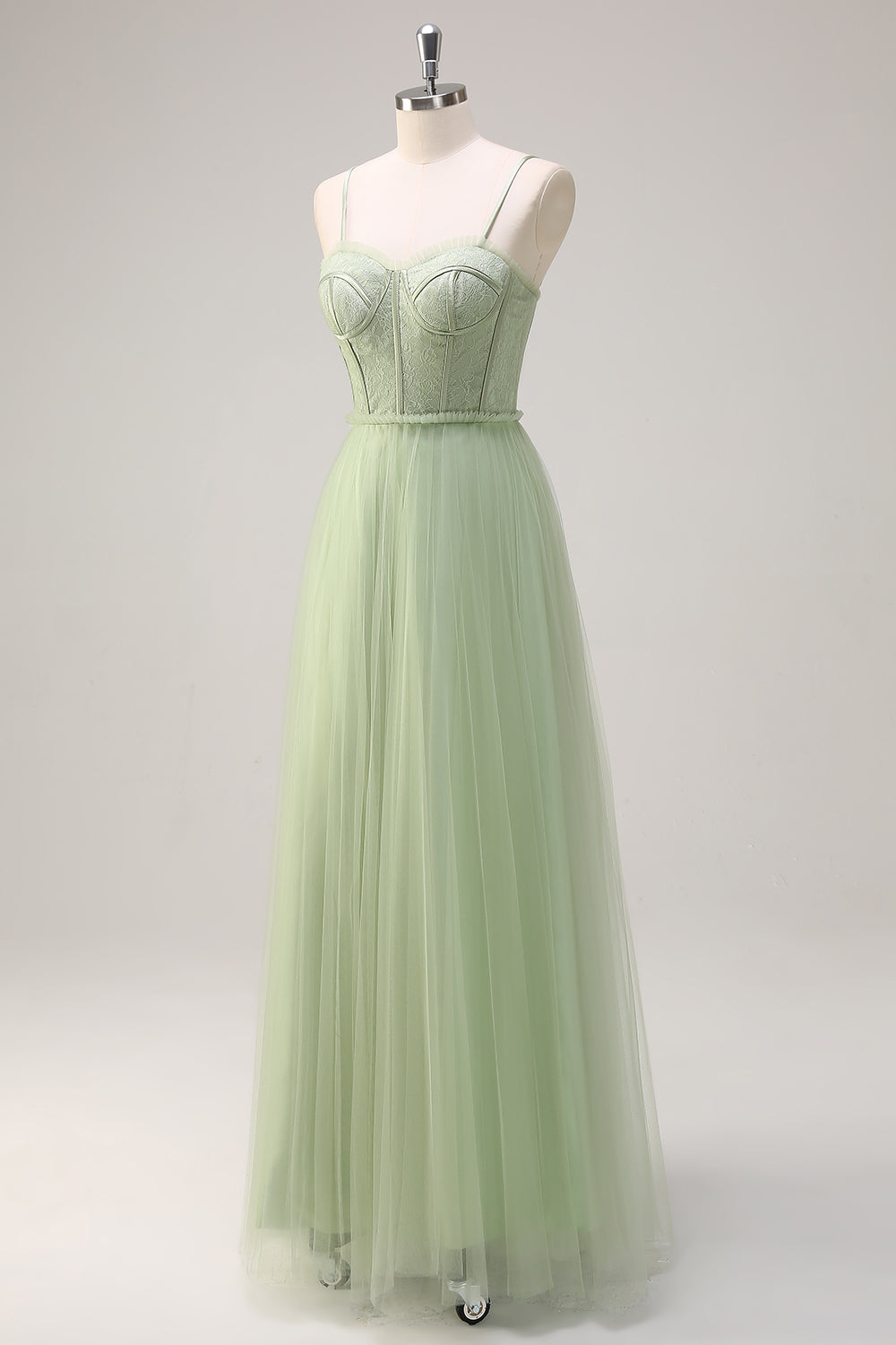 Sage Pleated Spaghetti Straps Tulle A-Line Bridesmaid Dress