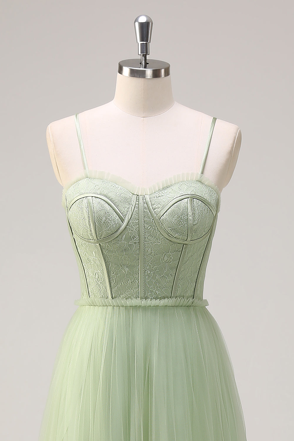 Sage Pleated Spaghetti Straps Tulle A-Line Bridesmaid Dress