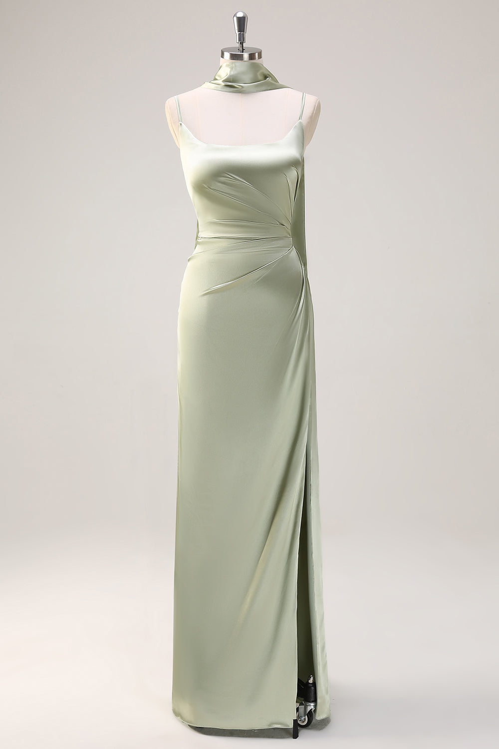 Sage Sheath Spaghetti Straps Satin Long Bridesmaid Dress with Slit