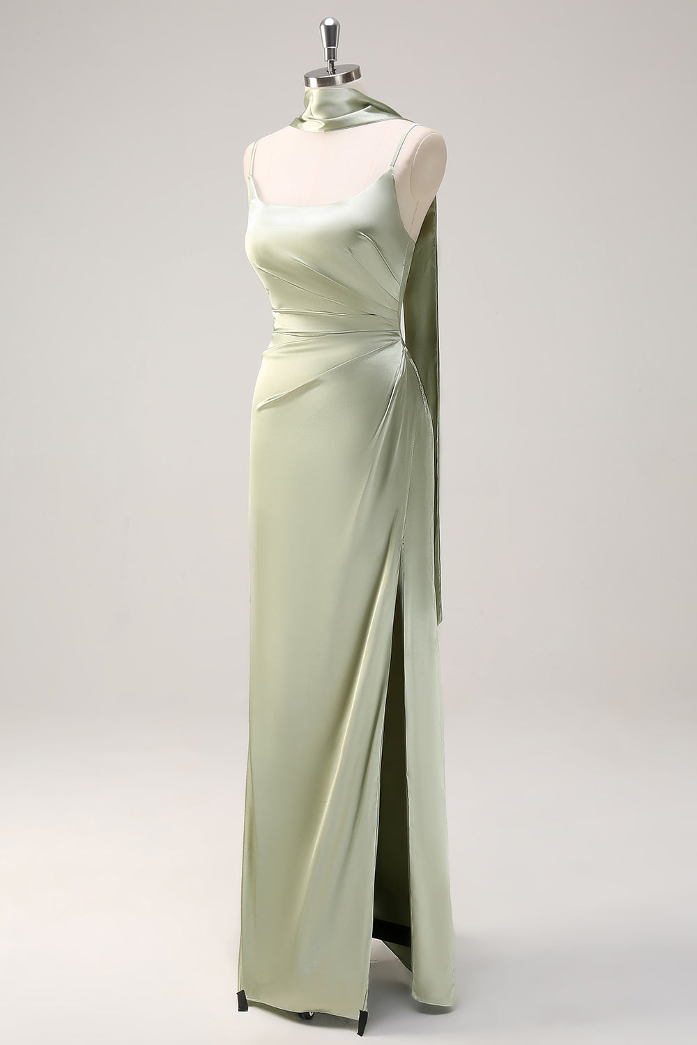 Sage Sheath Spaghetti Straps Satin Long Bridesmaid Dress with Slit