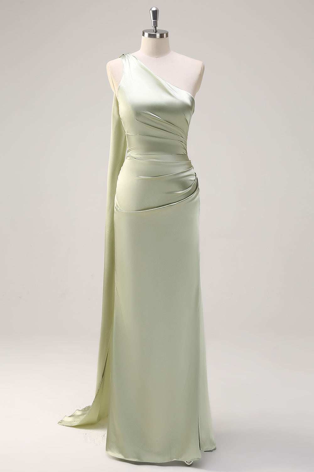 Sage Sheath One Shoulder Satin Long Bridesmaid Dress with Slit