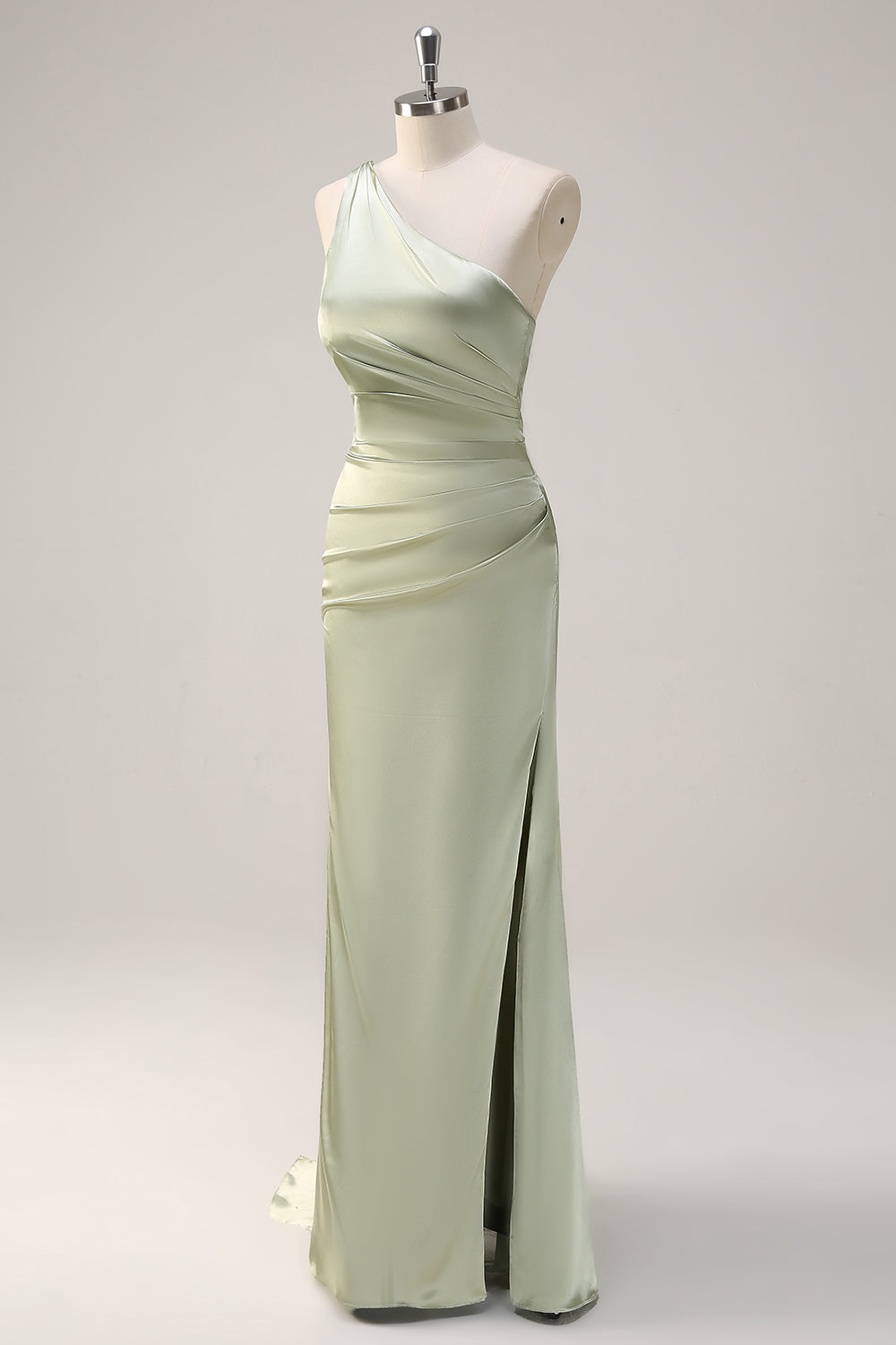 Sage Sheath One Shoulder Satin Long Bridesmaid Dress with Slit