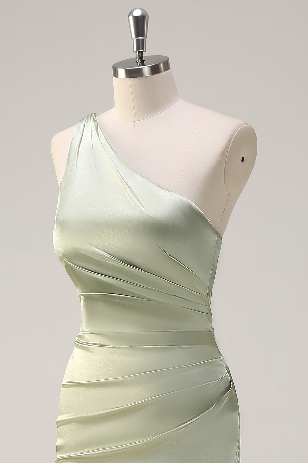 Sage Sheath One Shoulder Satin Long Bridesmaid Dress with Slit