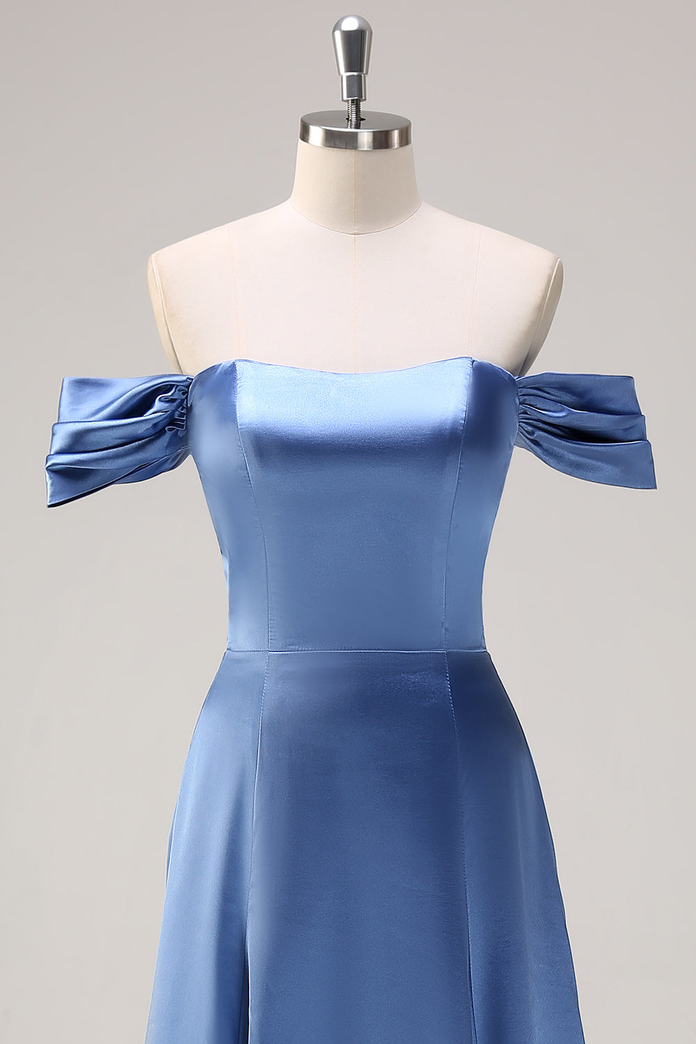 Dusty Blue Satin Off The Shoulder Bridesmaid Dress