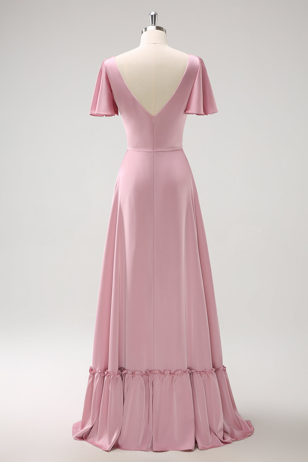 Pink A-Line Ruffle Wrap Short Sleeves Long Satin Bridesmaid Dress