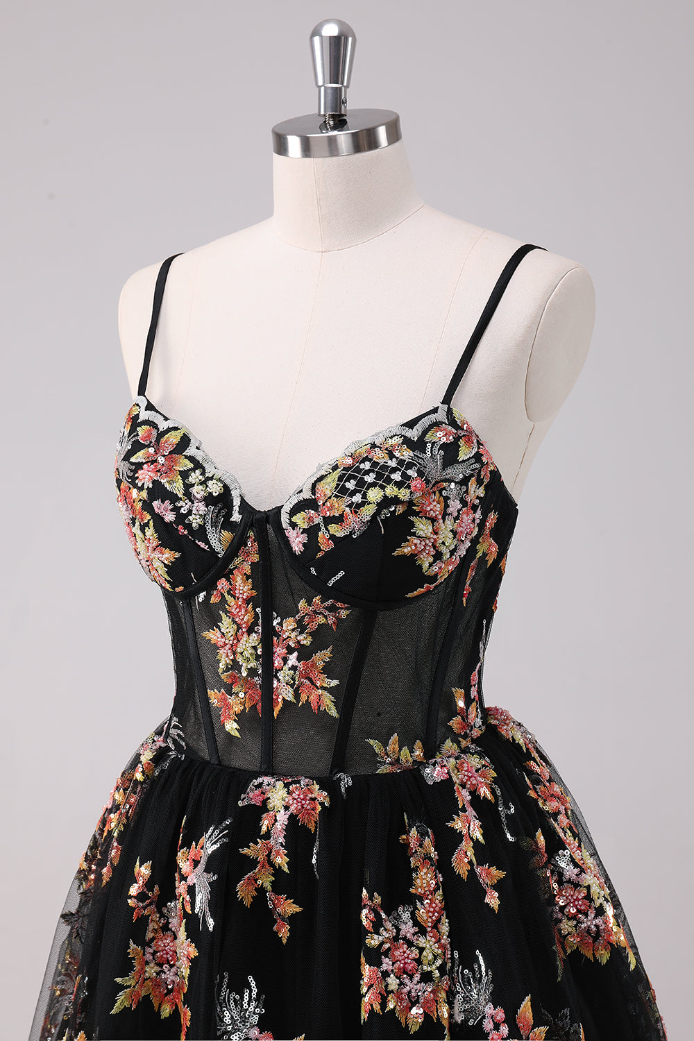 Sparkly Black A-Line Floral Short Homecoming Dress