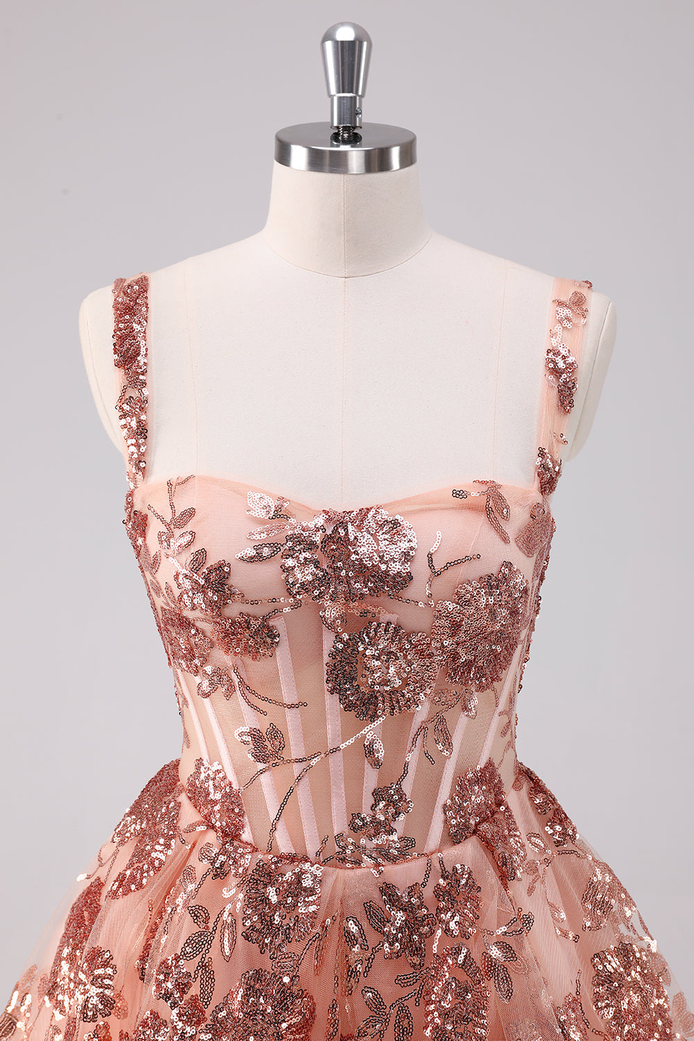 Glitter Blush A-Line Spaghetti Straps Sequins Tulle Corset Homecoming Dress