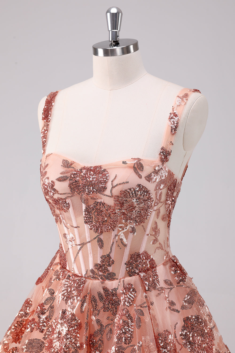 Glitter Blush A-Line Spaghetti Straps Sequins Tulle Corset Homecoming Dress