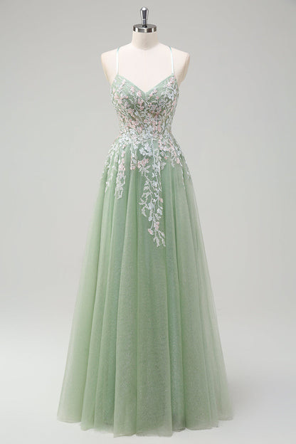 Sage Floral Spaghetti Straps Long A Line Prom Dress with Lace