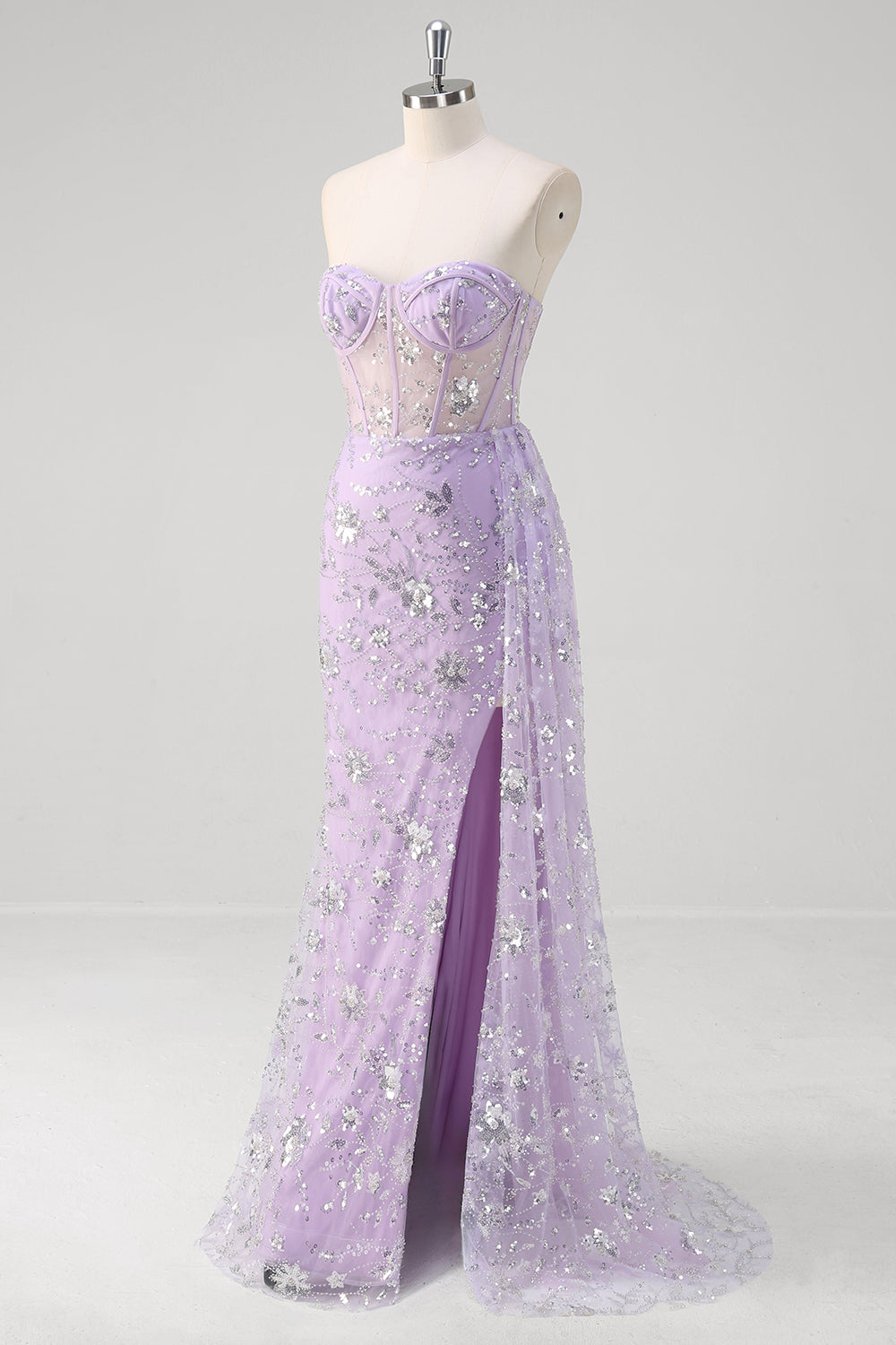 Sparkly Light Purple Mermaid Floral Sweetheart Long Prom Dress with Slit