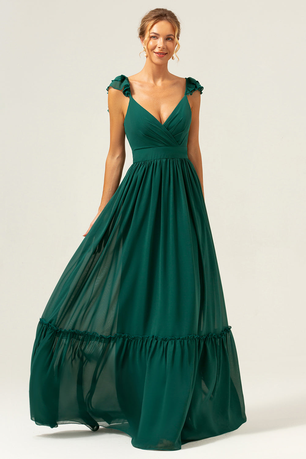 Dark Green A Line V-Neck Ruched Chiffon Long Bridesmaid Dress