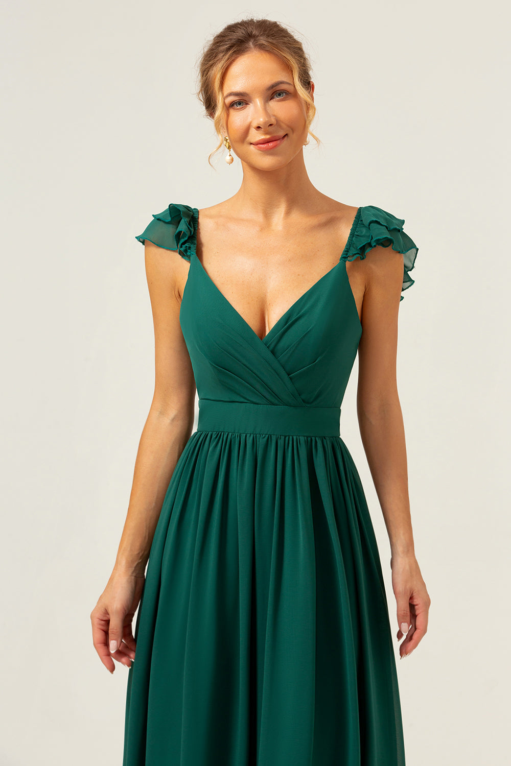 Dark Green A Line V-Neck Ruched Chiffon Long Bridesmaid Dress