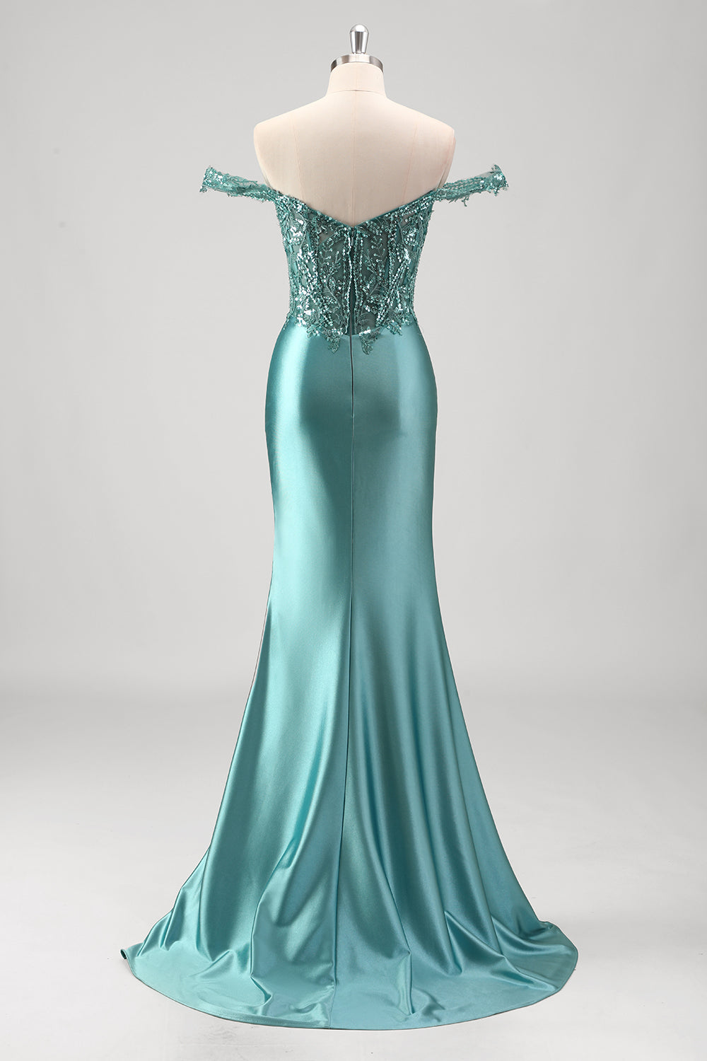 Grey Green Mermaid Applique Off The Shoulder Long Prom Dress with Slit