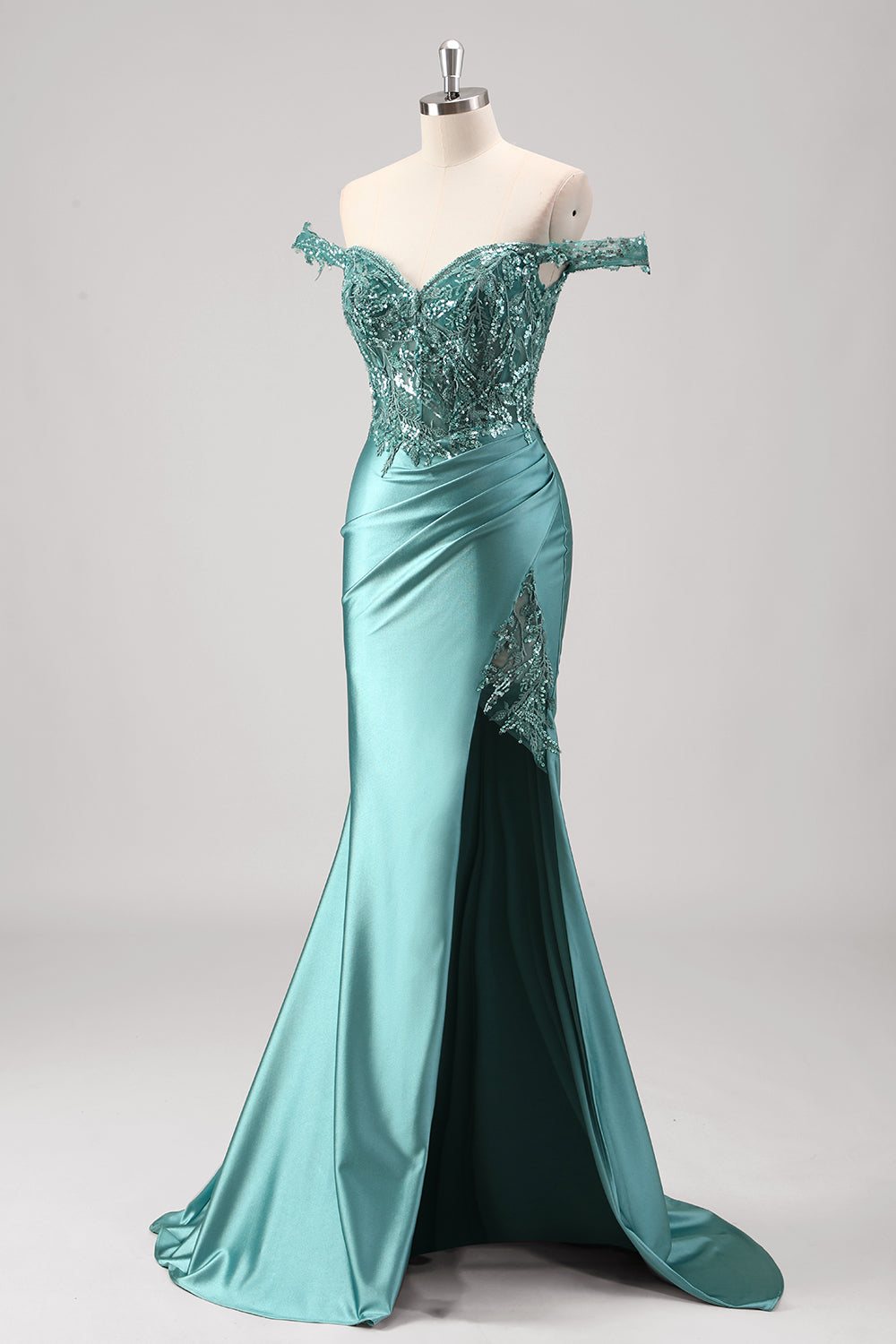 Grey Green Mermaid Applique Off The Shoulder Long Prom Dress with Slit