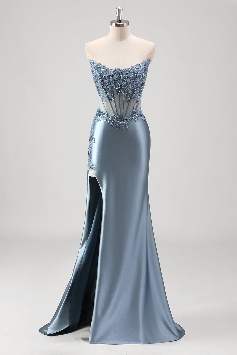 Grey Blue Satin Mermaid Applique Long Prom Dress with Slit