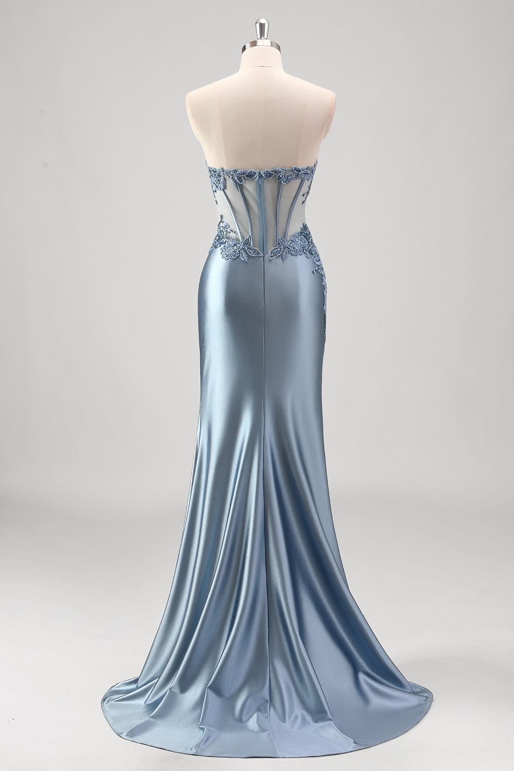 Grey Blue Satin Mermaid Applique Long Prom Dress with Slit