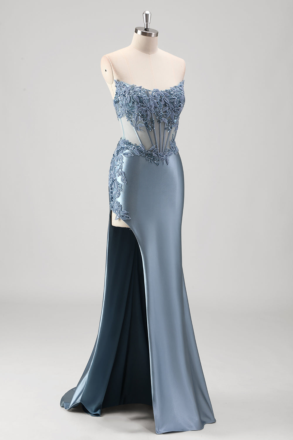 Grey Blue Satin Mermaid Applique Long Prom Dress with Slit