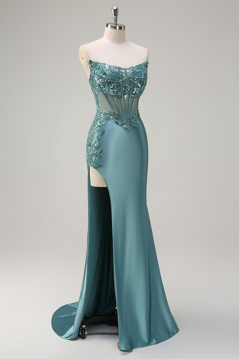 Sparkly Grey Green Mermaid Strapless Corset Appliques Satin Long Prom Dress with Slit