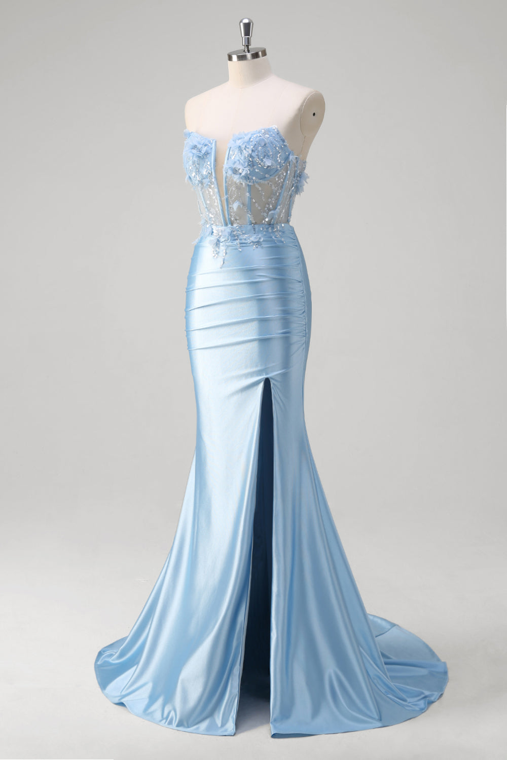 Blue Mermaid Beaded Applique Hollow Out Long Prom Dress with Slit