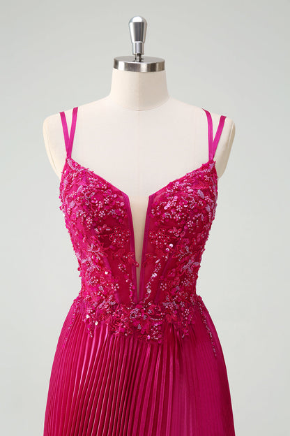 Fuchsia Sheath Spaghetti Straps Pleated Long Corset Prom Dress with Appliques