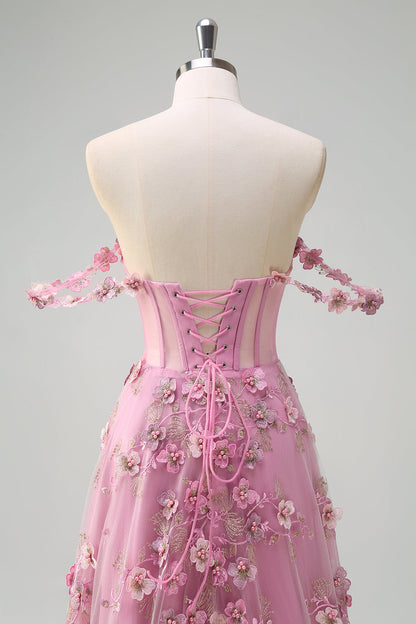 Taro A-Line Off The Shoulder Corset Slit Long Prom Dress With 3D Flowers