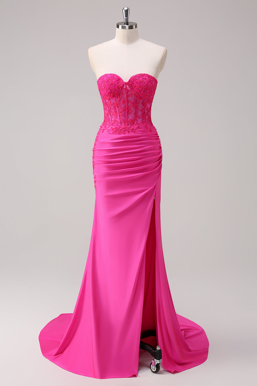 Fuchsia Strapless Corset Mermaid Long Lace Prom Dress with Slit