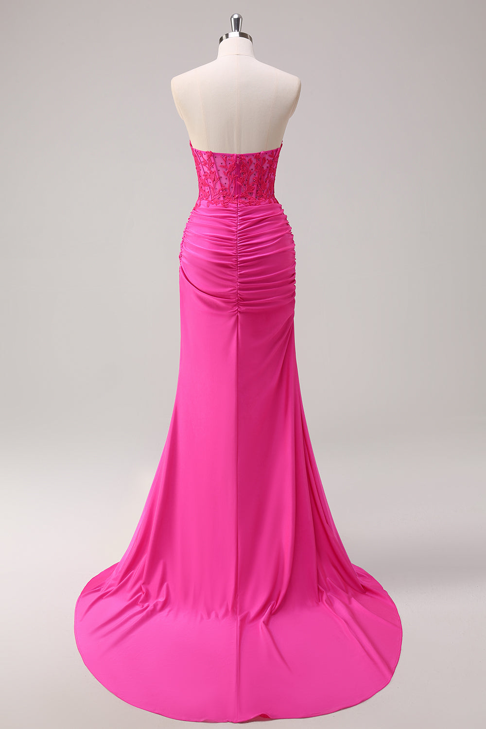 Fuchsia Strapless Corset Mermaid Long Lace Prom Dress with Slit