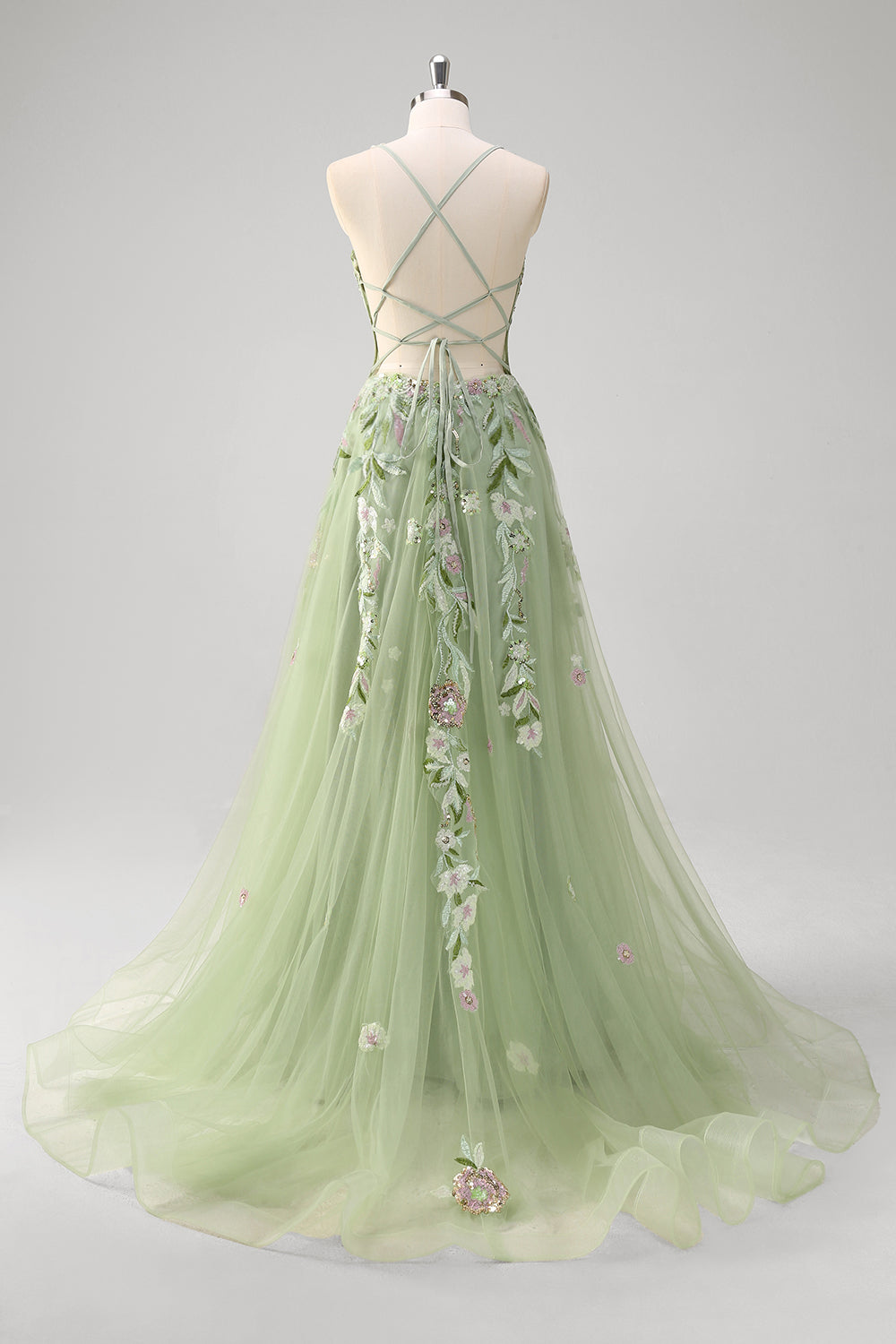 Green Floral A-Line Applique Tulle Long Prom Dress with Slit