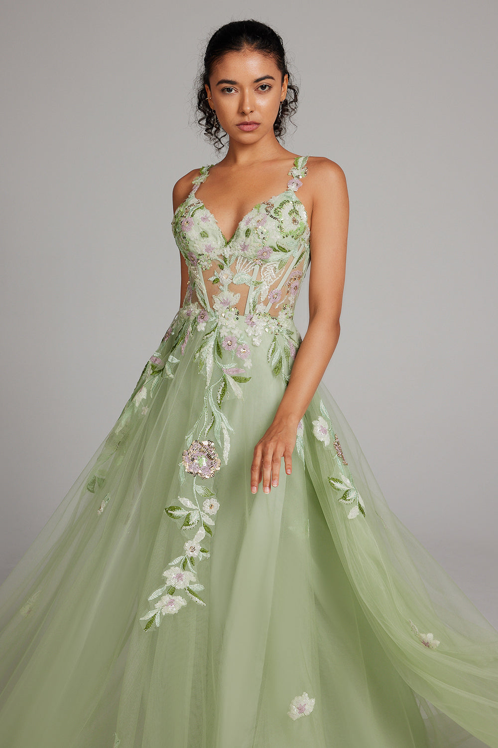 Sparkly Green A Line Sequin Corset Embroidered Long Prom Dress With Slit