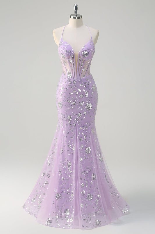 Sparkly Lilac Mermaid Sequined Spaghetti Straps Long Prom Dress