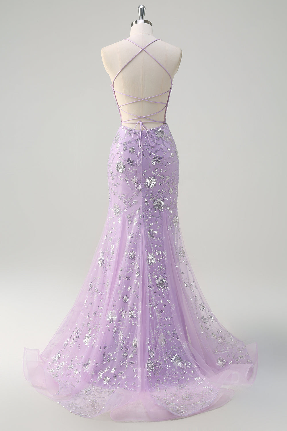 Sparkly Lilac Mermaid Sequined Spaghetti Straps Long Prom Dress