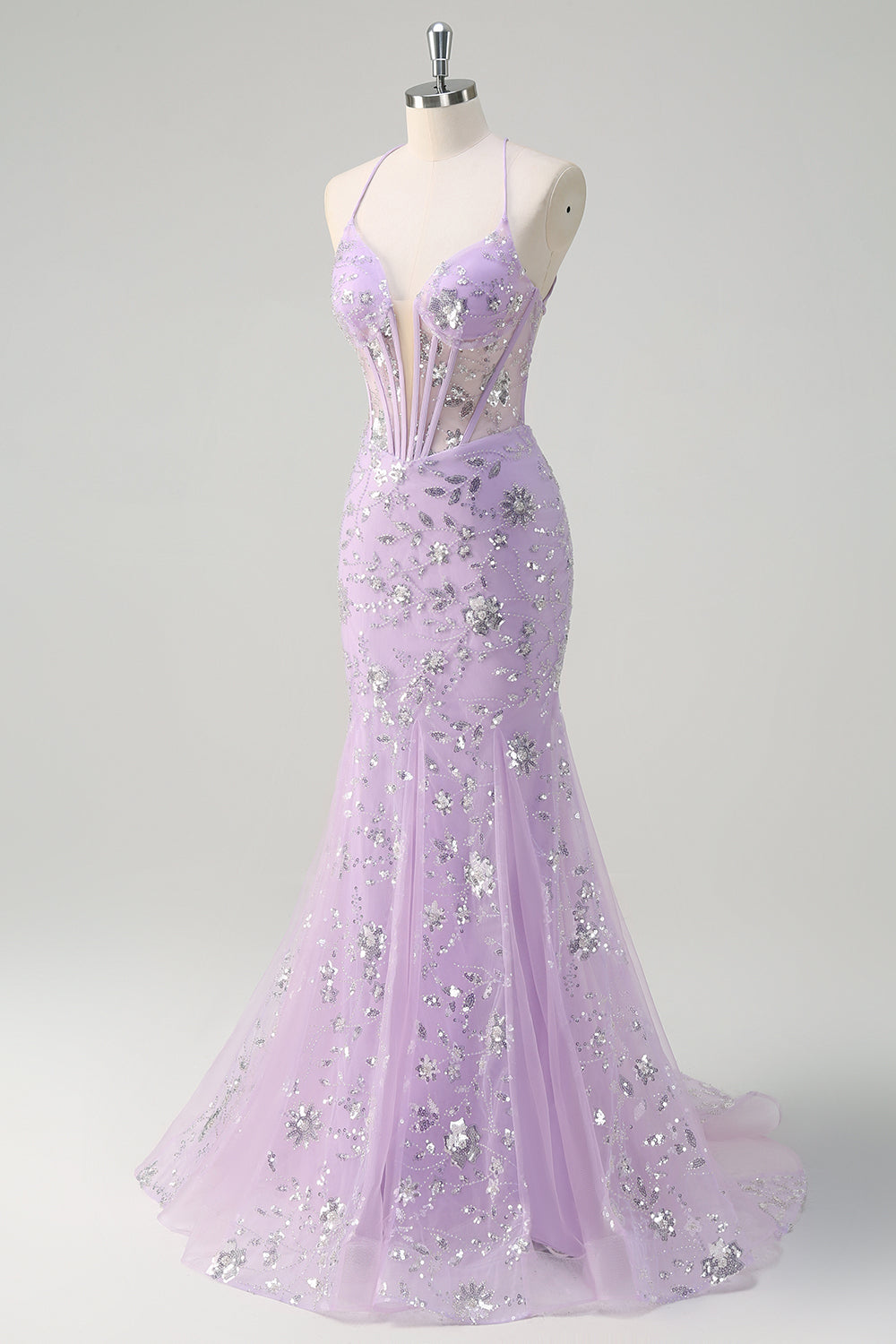 Sparkly Lilac Mermaid Sheer Corset Sequin Prom Dress with Lace Up Back