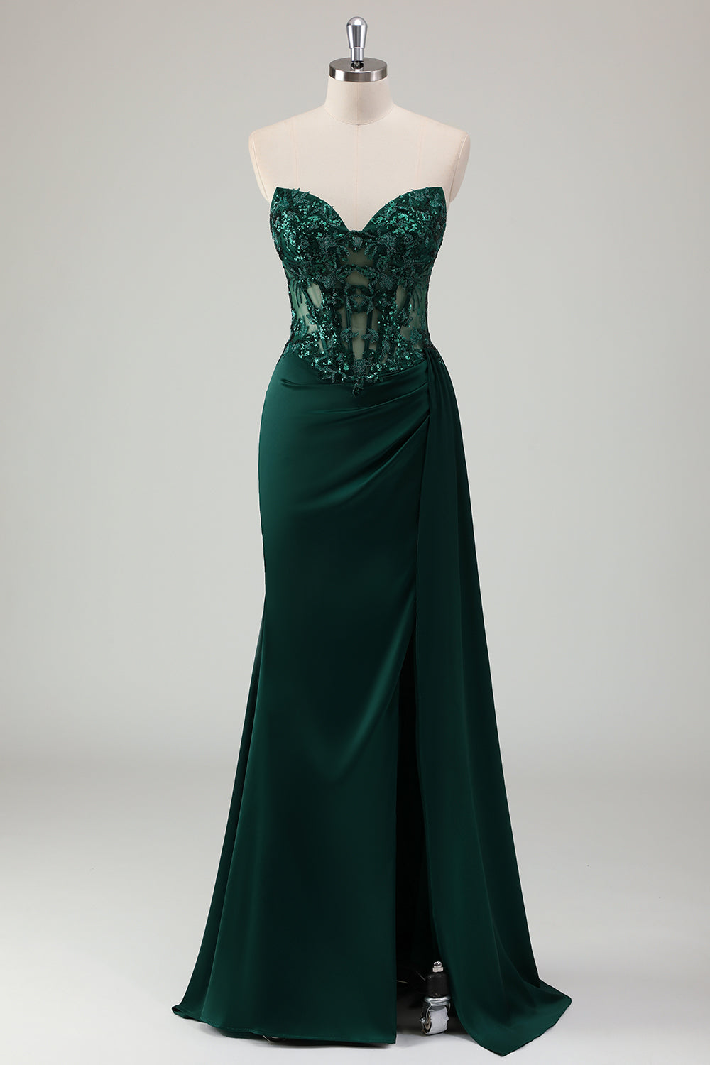 Sparkly Dark Green Mermaid Sweetheart Corset Long Prom Dress with Slit