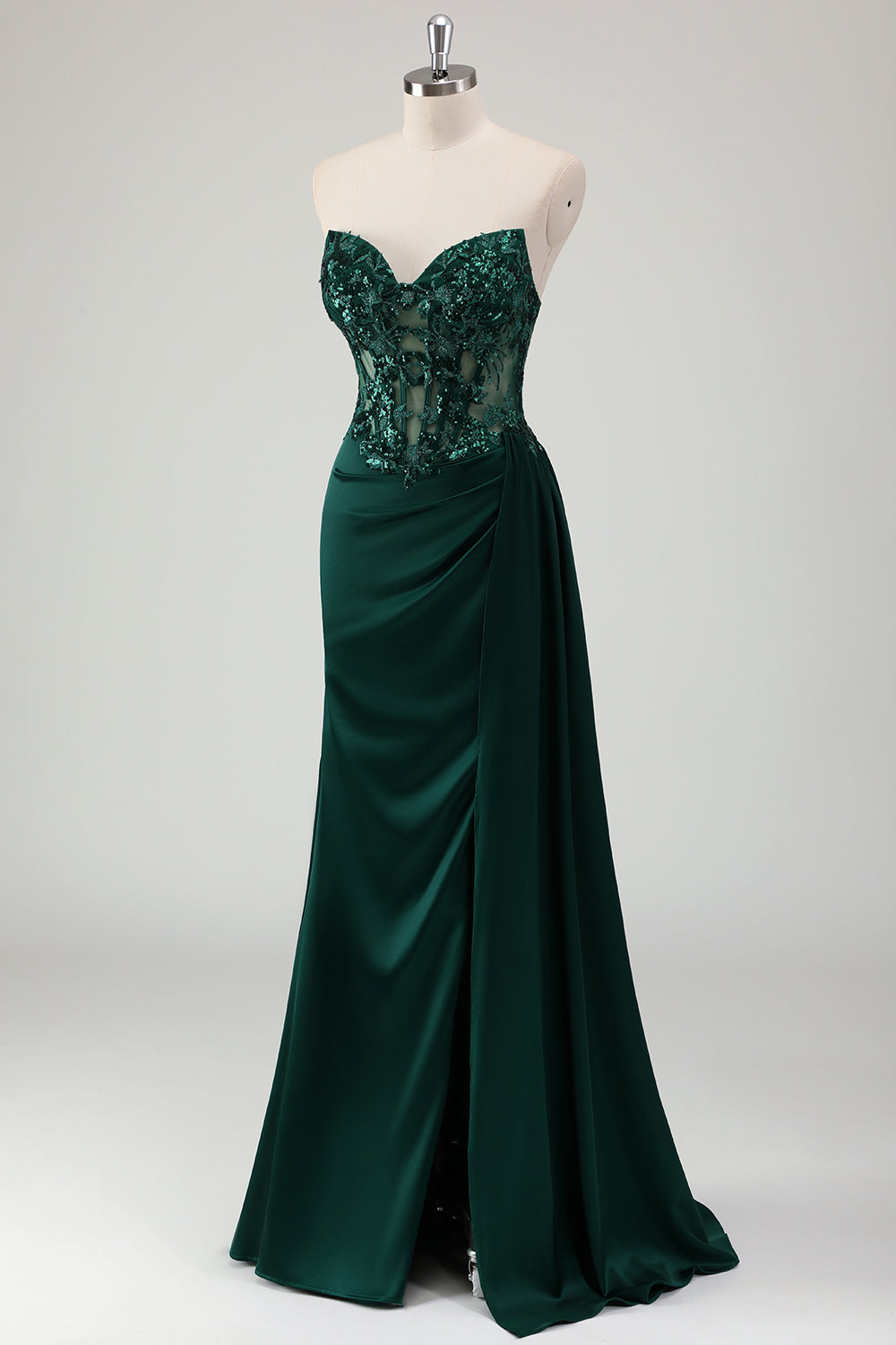 Sparkly Dark Green Mermaid Sweetheart Corset Long Prom Dress with Slit