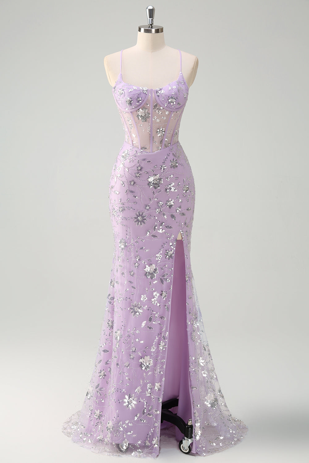 Lilac Spaghetti Straps Mermaid Corset Sequin Prom Dress