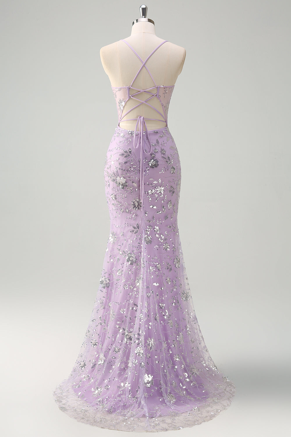 Lilac Mermaid Spaghetti Straps Corset Sequin Prom Dress with Slit