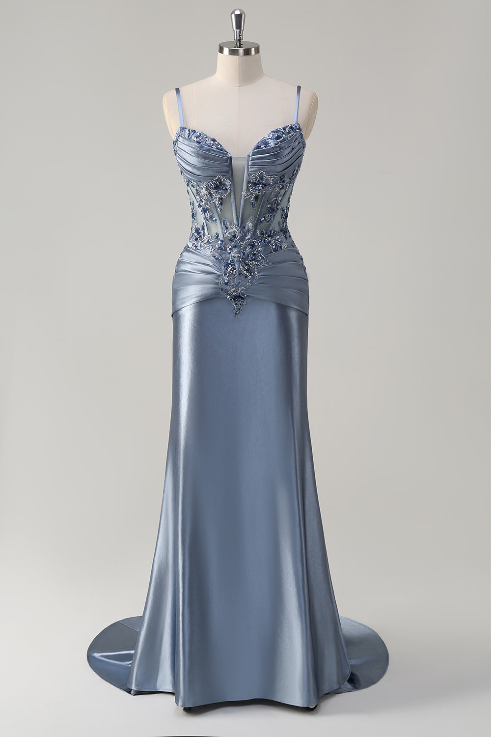 Grey Blue Floral Mermaid Spaghetti Straps Long Prom Dress with Appliques