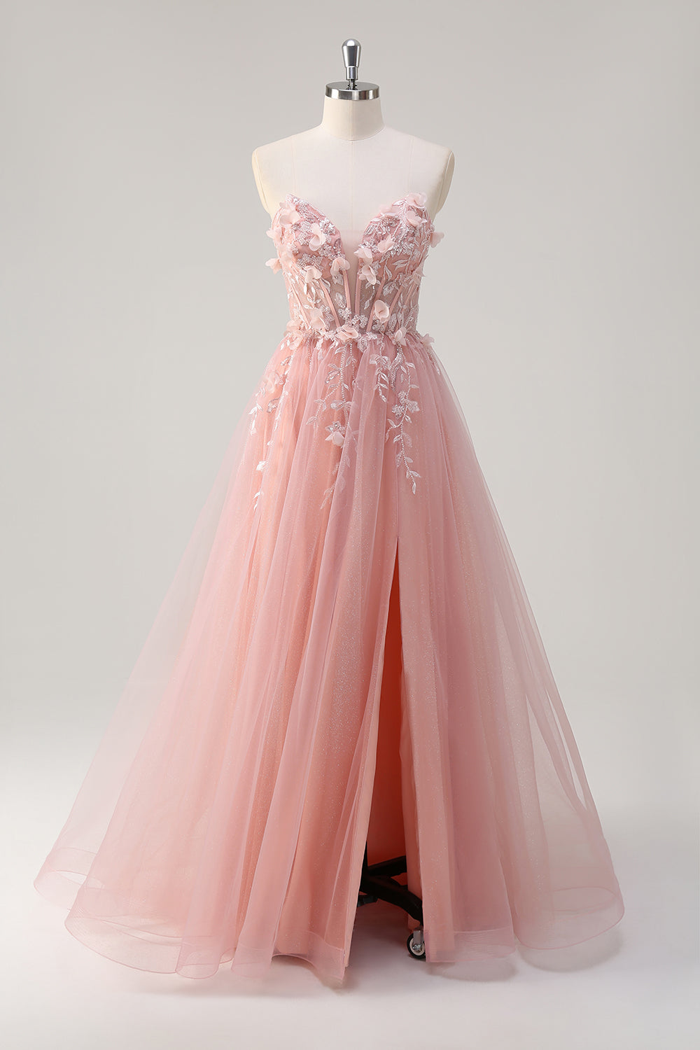 Sparkly Pink Floral A-Line Sweetheart Beaded Long Prom Dress with Slit