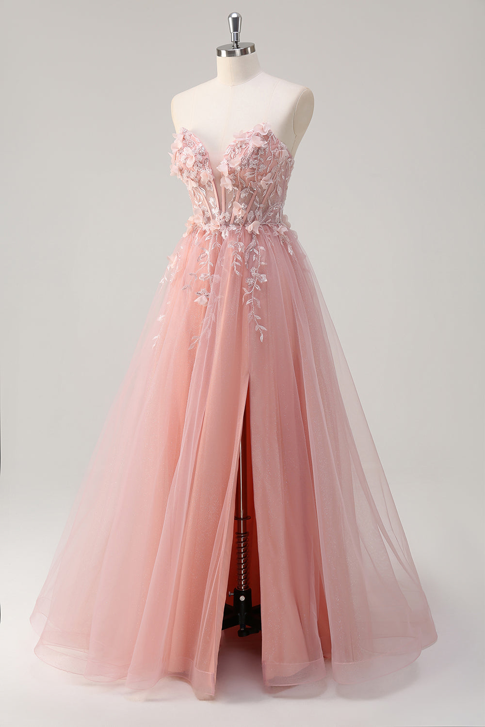 Sparkly Pink Floral A-Line Sweetheart Beaded Long Prom Dress with Slit