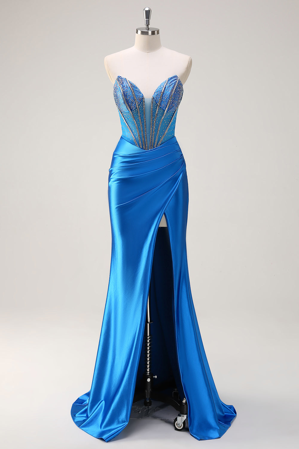 Blue Mermaid Beaded Sweetheart Long Prom Dress with Slit